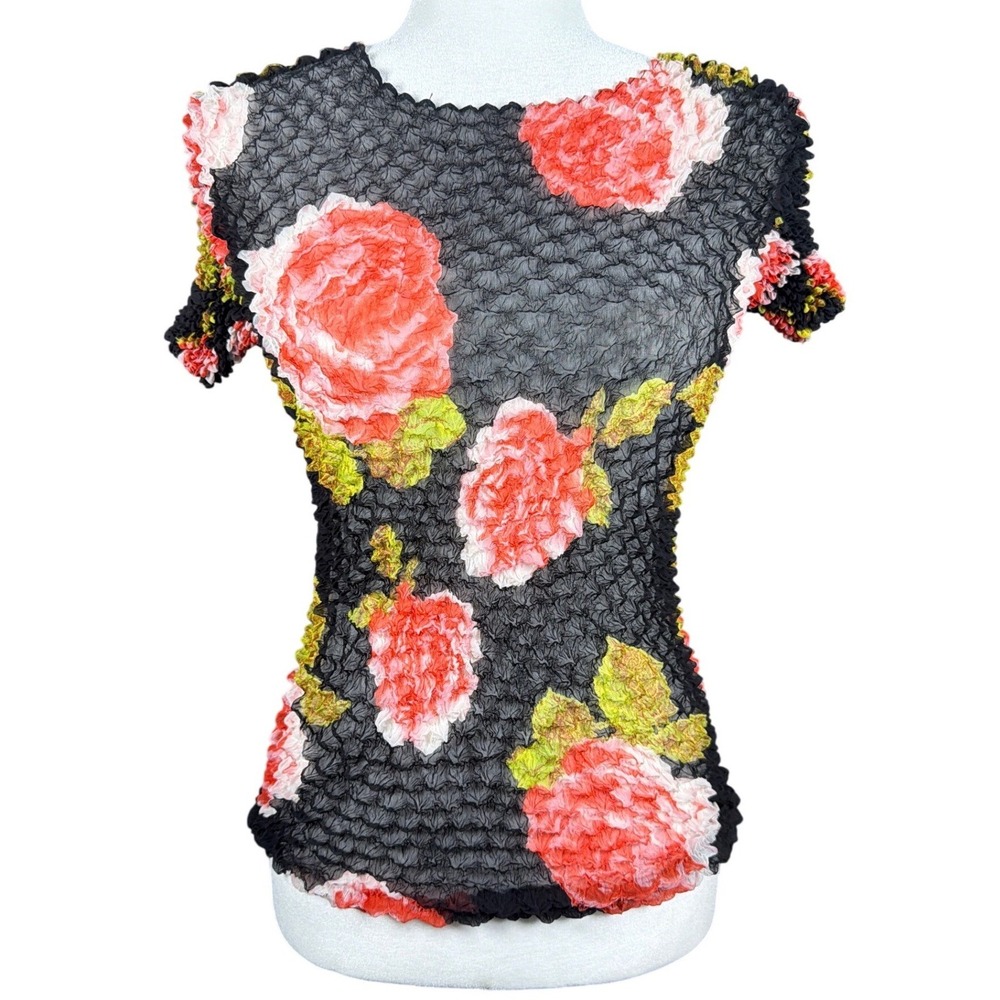 Ms. Bubble Popcorn Top Vintage 90s Y2K Floral Rose Black Red Stretch One Size